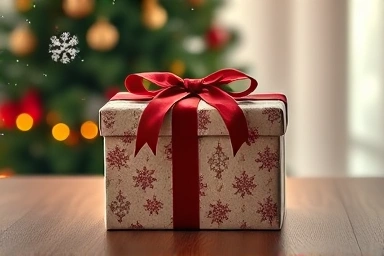 Elegant Christmas gift box with velvet ribbon and falling snow.