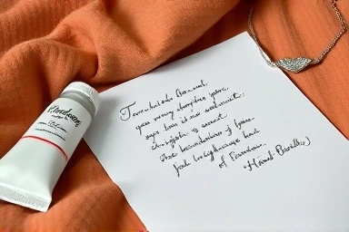 Handwritten letter with calligraphy, hand cream, and necklace.