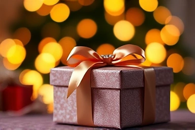 Elegant Christmas gift box with festive bokeh background