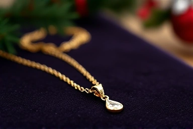 Close-up of delicate gold jewelry with subtle Christmas accents