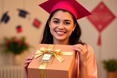 졸업 선물로 향수와 촬영권을 받는 행복한 졸업생