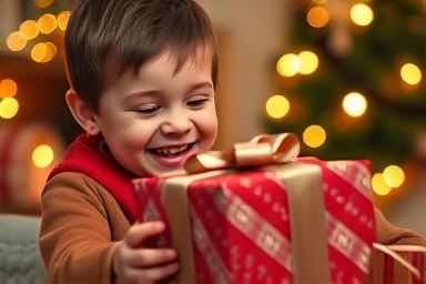 Child joyfully opening Christmas gift, wonder, festive atmosphere.