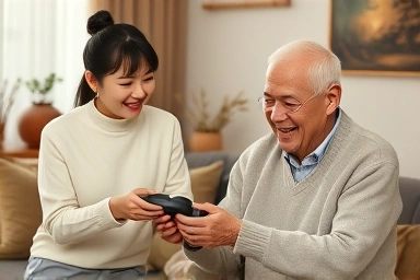 70대 아빠 명절 선물, 안마기 또는 건강기능식품을 선물하는 따뜻한 가족의 모습