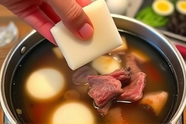 쇠고기 떡국 육수에 떡 넣는 장면