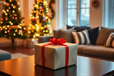 Cozy Christmas living room with a thoughtful gift.
