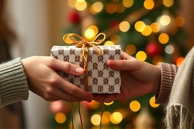 Hands exchanging a Christmas gift, symbolizing connection.