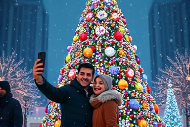 Couple enjoying magical Christmas tree village with snow