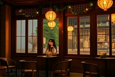 Cozy hanok cafe interior with Christmas decor, single person.