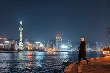 Seoul skyline at night from Hangang Park, festive lights.