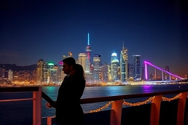 Romantic Christmas cruise date with city skyline view