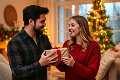 Couple exchanging heartfelt Christmas gifts with smiles.