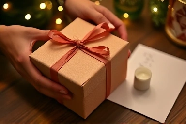 Hands wrapping a gift with a handwritten card.