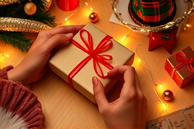 Handmade Christmas gift box being decorated with love and care.
