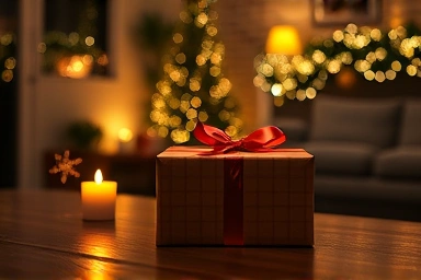 Cozy Christmas gift scene with thoughtful presentation.