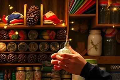 Cozy workshop with materials for handmade Christmas gifts.