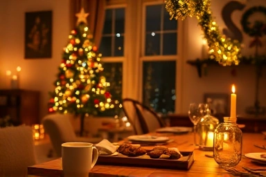 Cozy Christmas home party setup with festive decor and food.