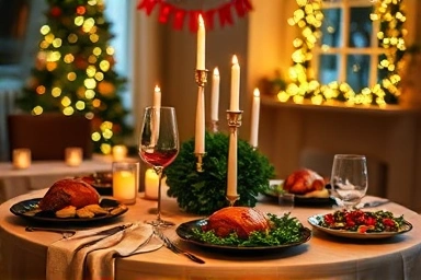 Festive Christmas home party dining table with delicious food