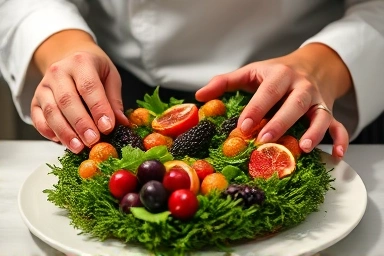 Artful preparation of a Christmas wreath salad for a home party