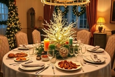 Festive Christmas home party table setting with delicious food.