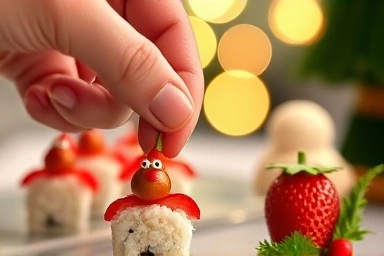 Close-up of preparing a cute Christmas-themed party food.
