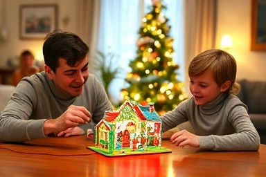 Parent and child making Christmas pop-up card together