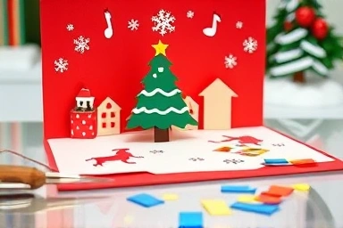 Close-up of handmade Christmas pop-up card elements