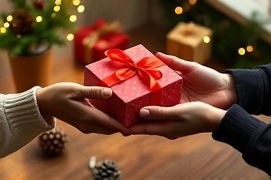 Hands exchanging a Christmas gift on a desk.