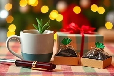Thoughtful small gifts for coworkers with festive decor.