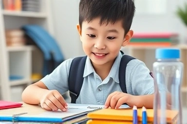 초등학교 1학년 아이가 입학 준비물에 이름표를 붙이는 모습