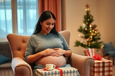 Cozy Christmas scene with an expectant mother and gifts.
