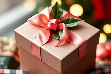 Luxurious Christmas gift box with festive adornments.