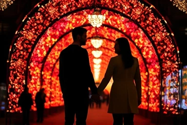 Couple silhouetted against glowing light tunnel at festival