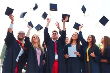 졸업식에서 환호하는 대학생들