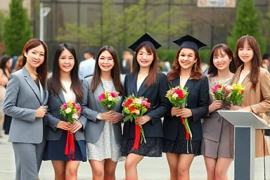 졸업식 단체 사진, 다양한 여자 코디, 친구들과 함께