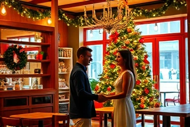 Couple enjoying romantic Christmas date in cozy cafe