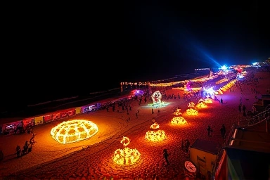 Magical beach light festival at night, illuminated pathways and sculptures.