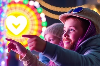 Family enjoying dazzling light display at a winter festival, joyful expressions.