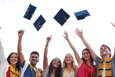 졸업 축하를 나누며 환하게 웃는 고등학생들