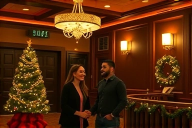 Cozy Christmas theater lobby with a happy couple