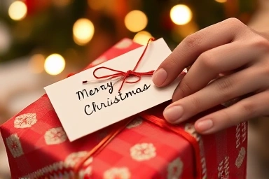 Hands giving a Christmas gift with a personal card.