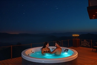 Romantic couple enjoying private jacuzzi on Jeju Christmas night