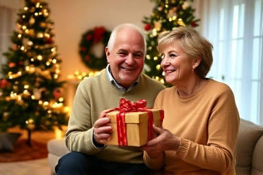 Christmas gift for parents, cozy living room, happy couple