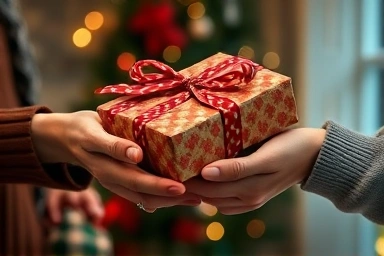 Gift exchange, festive ribbon, holiday present, hands holding gift