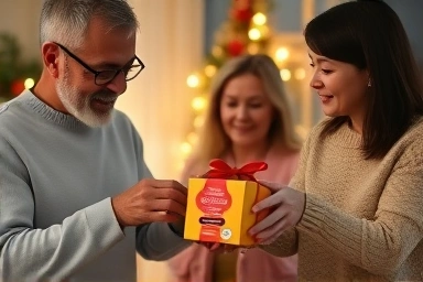 Family exchanging health supplement gift during holiday.