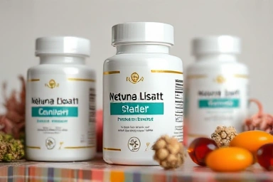 Elegant health supplement packaging with natural elements.