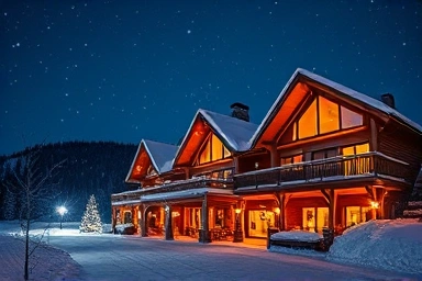 Cozy Christmas ski lodge at night, snow falling.