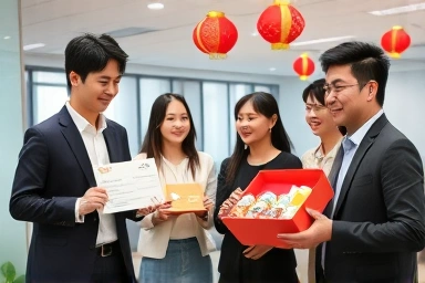 직원들에게 설 명절 선물을 증정하는 기업의 모습