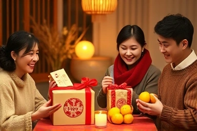 설날 가족이 건강 선물을 주고받는 따뜻한 풍경