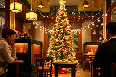 Cozy Christmas cafe interior with fairy lights and couples.