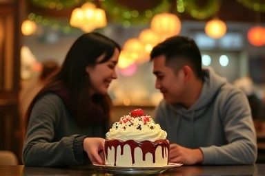 Couple enjoying festive Christmas dessert in a romantic cafe.